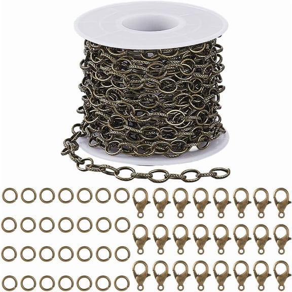 16.4 Feet/5M 6mm Oval Link Chain Bronze Chain Set Metal Iron O Ring Textured Cable Links Kit with Brass Jump Rings Alloy Lobster Claw Clasps