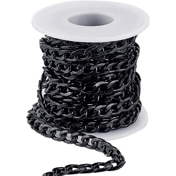 16.4 Feet/5m Cuban Curb Chain Bulk Jewelry Chain Roll with Spool Aluminum Black 12 x 7mm Unwelded Long Cable Extension Connectors Chains Links for Jewelry Making Bracelets Necklaces DIY Craft Black