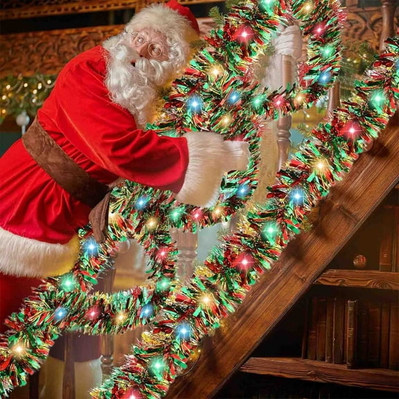 16.4 Ft Christmas Decorations with 50 Led String Lights,Tinsel for the Christmas Tree,Malleable,Shiny Hanging,Tinsel Garland,Christmas Foil Decoration,for Christmas Tree Party Supplies