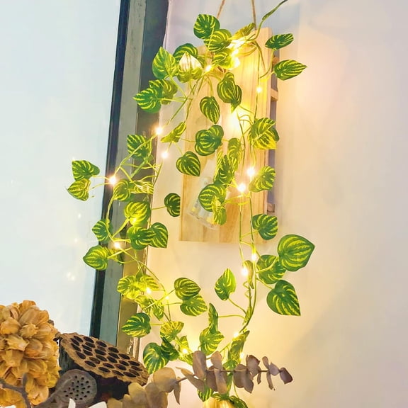 16.4 Ft Vines with Fairy Lights Battery Operated, 50 LEDs Artificial Watermelon Leaf Garland Fairy Light, Hanging Ivy Lights for Bedroom Garden Party Wall Room Decor (Warm White）