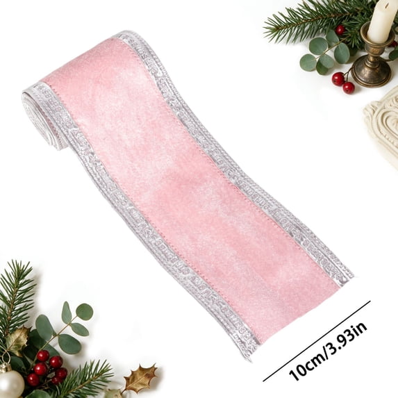 16.4 Ft x 3.94 In Pink Christmas Velvet Wired Ribbon with Embossed Border for Christmas Tree Wreath Gift Wrapping Holiday Decor