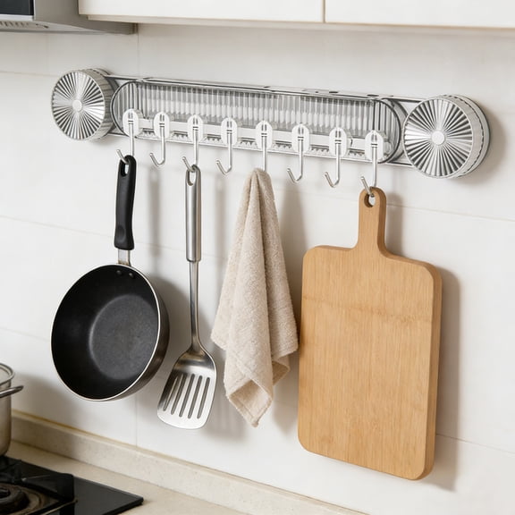 16.4-Inch 8-Hook Wall-Mounted Vacuum Suction Rack – No-Drill Kitchen Organizer Hooks