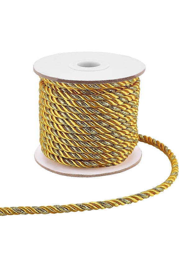 16.4 Yards 3-Ply Gold Twisted Cord 5mm Metallic Rope Decorative Trim Honor Cord Shiny Silk Thread Handfasting Cords for Home Decor Wedding Graduation Bag Drawstrings