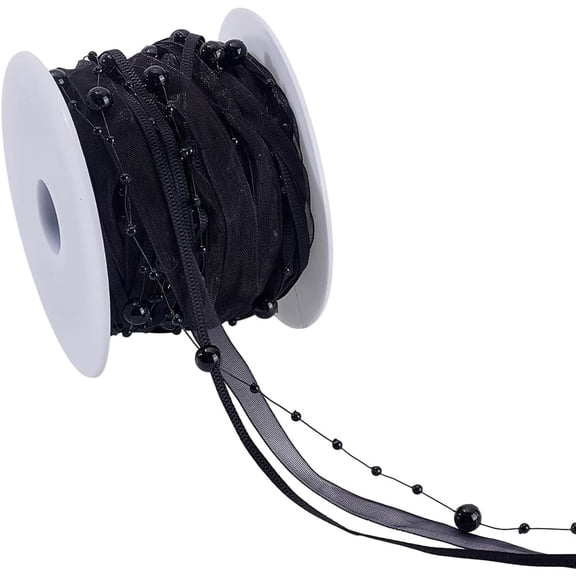 16.4 Yards Artificial Bead Pearl Ribbon Black Pearls String Beads Lace Ribbon Trims Polyester Chiffon Ribbons and Organza Lace Trims