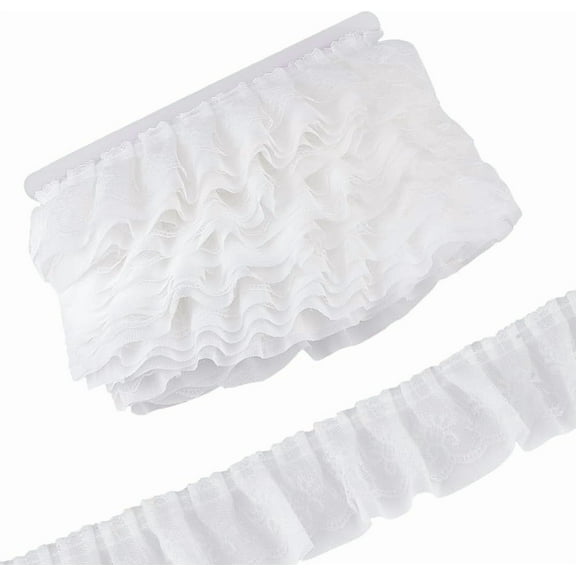16.4 Yards White Double-Layer Ruffle Lace Trim 2.3 inch Gather Pleated Trim Ribbon Gather Edging Trimming Fabric Floral Lace Ribbon for Sewing Craft Wedding Dress DIY Embellishment White 1set