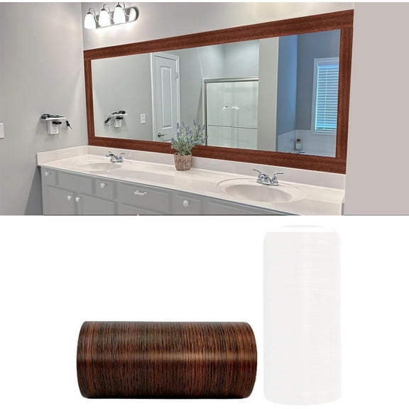 16.4 ft Brown Peel Border Sticker & Stick Border Sticker Brown Wood Grain Wallpaper Border Removable Waterproof Bathroom Mirror Frame Sticker for Bathroom Living Room Kitchen ,3.9inch by 5meters