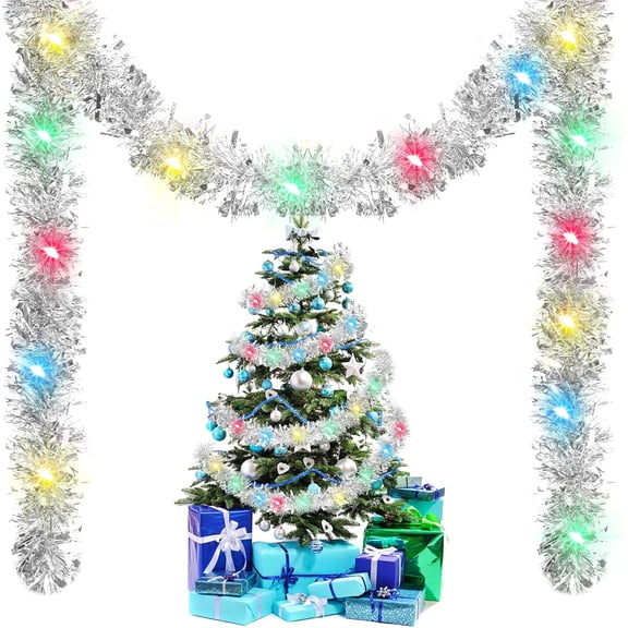 16.4 ft Christmas Prelit Tinsel Garland with Lights Battery Operated 50 LED Hanging Garland with Light Xmas Foil Garland for Tree Wedding Party Decoration