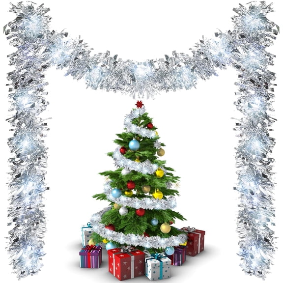 16.4 ft Christmas Prelit Tinsel Garland with Lights Battery Operated 50 LED Hanging Garland with Light Xmas Foil Garland for Tree Wedding Party Decoration