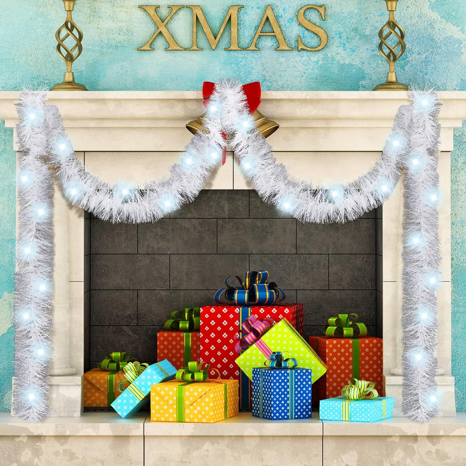 16.4 ft Christmas Prelit Tinsel Garland Metallic Garland with 50 LED