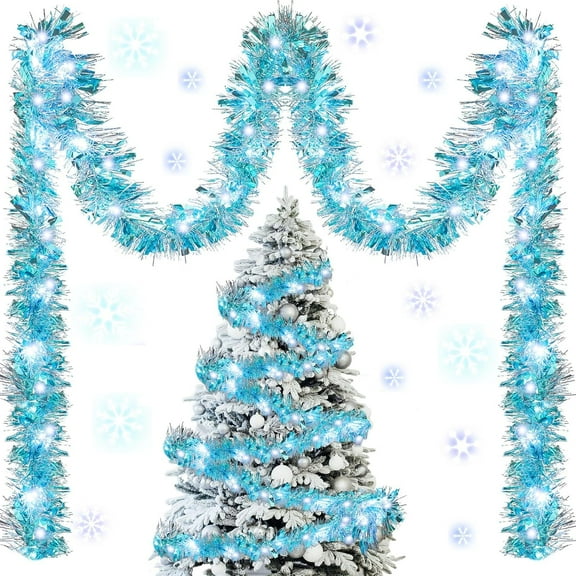 16.4 ft Christmas Prelit Tinsel Lighted Garland with 50 LED Lights Hanging Christmas Foil Tinsel Garland for Xmas Tree Wedding Party