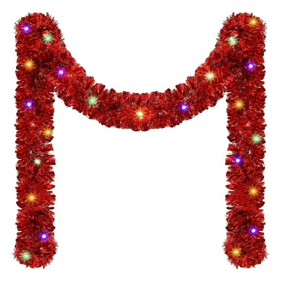 16.4 ft Christmas Tinsel Garland Lighted Metallic Twist Tree Decoration Prelit Battery Operated 50 LED Hanging Garland for Xmas New Year Home Outdoor Decor(Multicolor, Red)