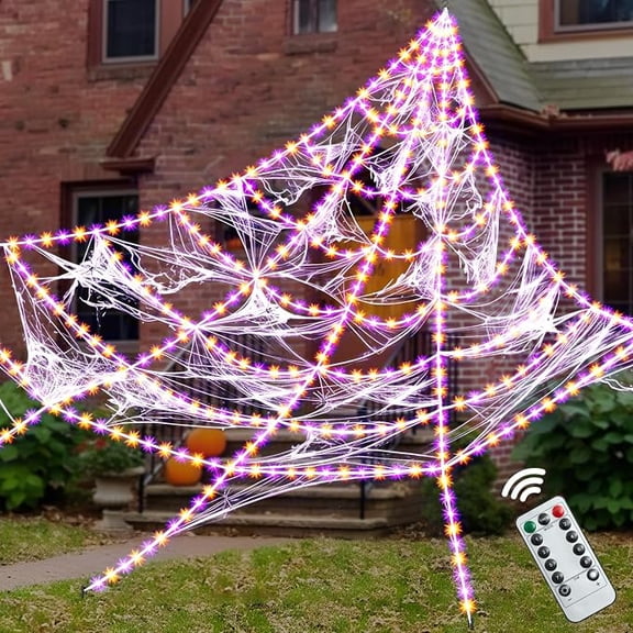 16.4 ft Halloween Light Up Spider Web Decoration with Remote Control, Purple and Orange LED Lights, 8 Modes, Spider Silk and Small Spiders for Yard, Lawn and Porch