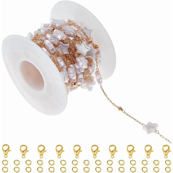 16.40 Feet Imitation Star Pearl Bead Chain KC Gold Plated Brass Jewelry Chain with Spool Pearl Cable Chain DIY