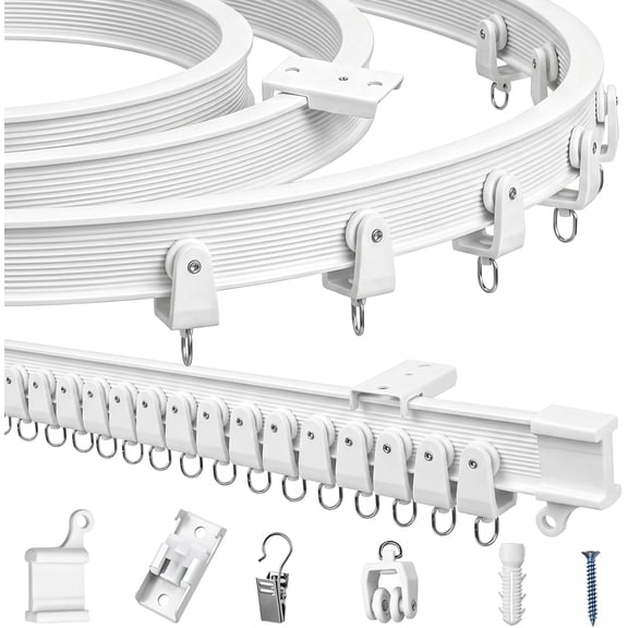16.4FT/5M Flexible Ceiling Curtain Track, White Bendable PVC Rail for Bay Windows, Room Dividers, RV, Bathroom, Complete Mounting Kit with 50 Gliders, 20 Brackets, Smooth Gliding System