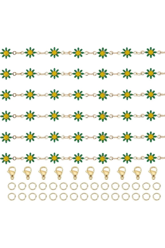 16.4FT(5m) Daisy Chains for DIY Jewelry Making Brass Golden Green Daisy Bracelet Chain with Jump Rings and Lobster Claw Clasps Enamel Cable Link Chain for DIY Jewelry Necklace Making