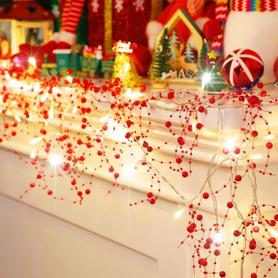 16.4FT Christmas LED String Lights Berry Beaded Garland Lights Battery Powered 50 LED Xmas Indoor Party Decor Fairy Lights (Red)