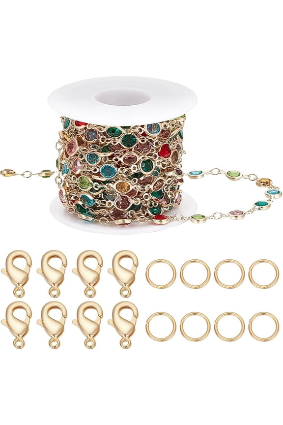 16.4FT Colorful Chain Gold Plated Brass Round Glass Link Roll for DIY Necklace Bracelet Jewelry Making Supplies