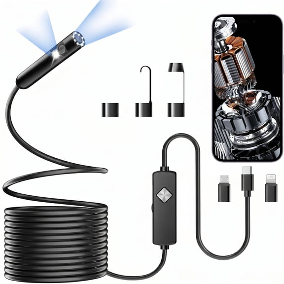 16.4FT Endoscope Camera, 1920P HD Dual Lens Borescope, 8 Adjustable LED Lights, IP67 Waterproof, Semi-Rigid Snake Camera for & Android, Black
