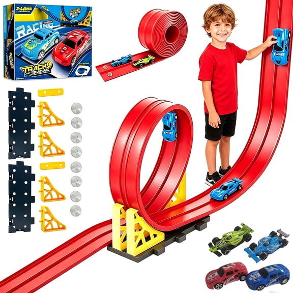 16.4FT Flexible Race Track for Kids, Bendable Track with 4 Toy Cars & Suction Cups, Portable & Foldable Indoor/Outdoor Toys, Compatible with Most 1:64 Toy Cars, Creative Gift for Boys & Girls (Red)