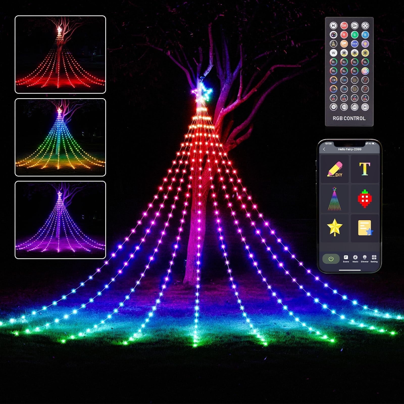 16.4FT Outdoor Christmas Decorations, RGB Color Changing Christmas Hanging Waterfall String Lights with Star, APP Remote Control, DIY Multi-Color Lightshow, Music Sync, Xmas New Year Decor