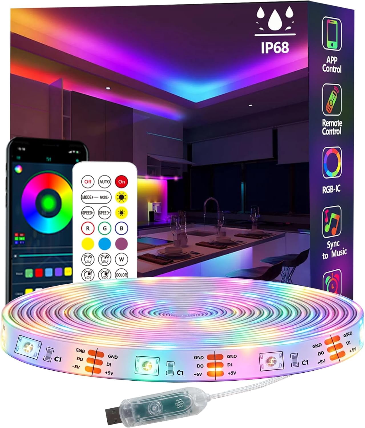 16.4FT Ws2812 RGB+IC LED Strip Lights IP68 Outdoor Waterproof, 5V USB ...