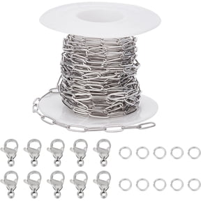 16.4Feet/ 5M Paper Clip Chain Spool Stainless Steel Silver Color Paperclip Chains Roll 30Pcs Open Jump Rings 10Pcs Lobster Claw Clasps for Jewelry Making Supplies Men Women DIY Craft Silver