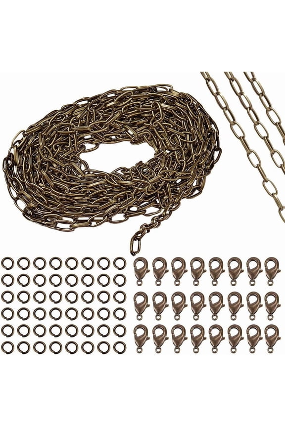 16.4Feet/ 5m Bronze Curb Cable Chain Link Necklace Paperclip Chain Large 20Pcs Brass Lobster Claw Clasps 50Pcs Brass Jump Rings Jewelry Chains DIY