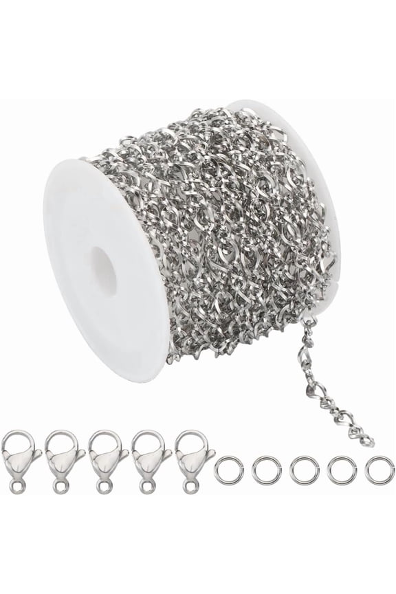 16.4Feet/ 5m Stainless Steel Cable Chain Spool Twist Chain Roll 7x4mm Links Twisted Necklace Chain Bulk 50Pcs Open Jump Rings 20Pcs Lobster Clasps for Jewelry Making Supplies DIY Crafts Silver DIY