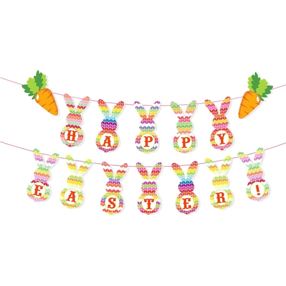 16.4Ft Easter Banner with String Floral Bunny Paper Banner Colorful Vintage Pre-Assembled Easter Bunting Garland Celebration Hanging Decoration for Home Spring Themed Party Supplies