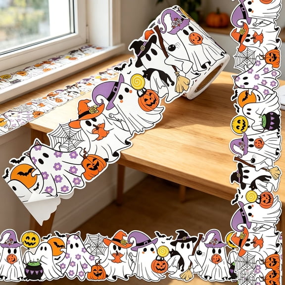 16.4Ft Halloween Bulletin Board Border Spooky Pumpkin Ghost Spider Web Floral Funny Patterns Rolled Border Trim for Classroom Chalkboard Offices Home Wall Decorations Halloween Party Decor