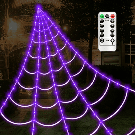 16.4Ft Large Spider Webs Halloween Decorations Lights, Outdoor Battery Operated Purple Halloween String Lights with 8 Modes Remote Control 125 LEDs Spiderweb,60" Large Spider,Waterproof (Purple)
