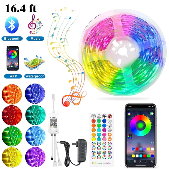 16.4Ft RGB LED Strips, 5050 SMD LED Color Changing Strip Light with 44 Keys Remote Controller and 24V Power Supply, LED Lights for Bedroom, Home, TV Backlight
