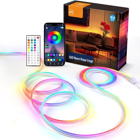 16.4Ft RGB Neon Rope Lights, 360 LEDs 24V Side-Emitting LED Strip Lights with App and Remote Control, 360? Bendable Flexible DIY Neon Sign Lights with Sync for Gaming Room, Desk, Bedroom