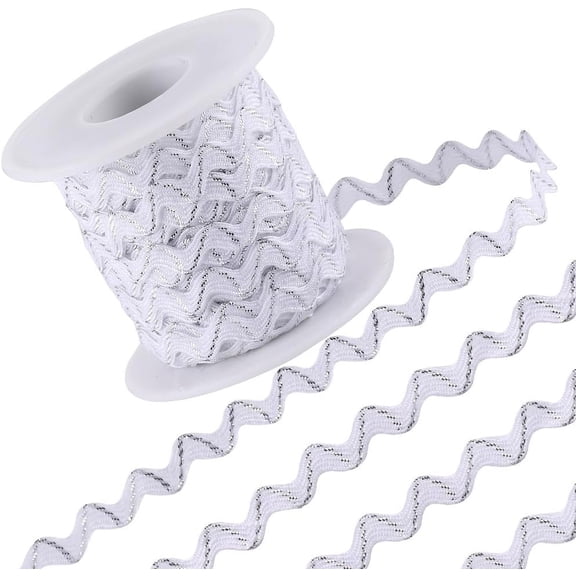 16.4Yds/15m Metallic Rick Rack Sparkly White Wave Bending Fringe Trim Ribbons 1/4 Inch Woven Fabric Zig Zag Ribbon for DIY Sewing Crafts Dress Wrapping 1roll