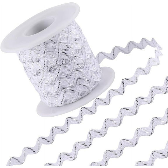 16.4Yds/15m Metallic Rick Rack Sparkly White Wave Bending Fringe Trim Ribbons 1/4 Inch Woven Fabric Zig Zag Ribbon for DIY Sewing Crafts Dress Wrapping