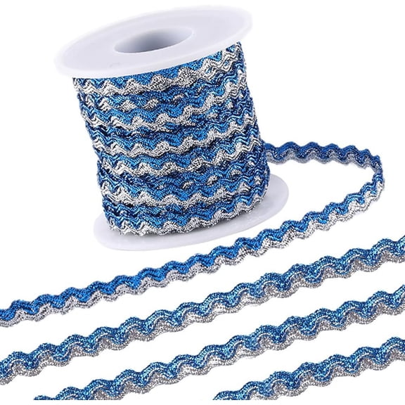 16.4Yds x 5mm Rick Rack Trim Wavy Ribbon Sparkle Bending Fringe Trim Blue Sliver Metallic Wire Braid Wave Edge Lace Woven Webbing Fringe