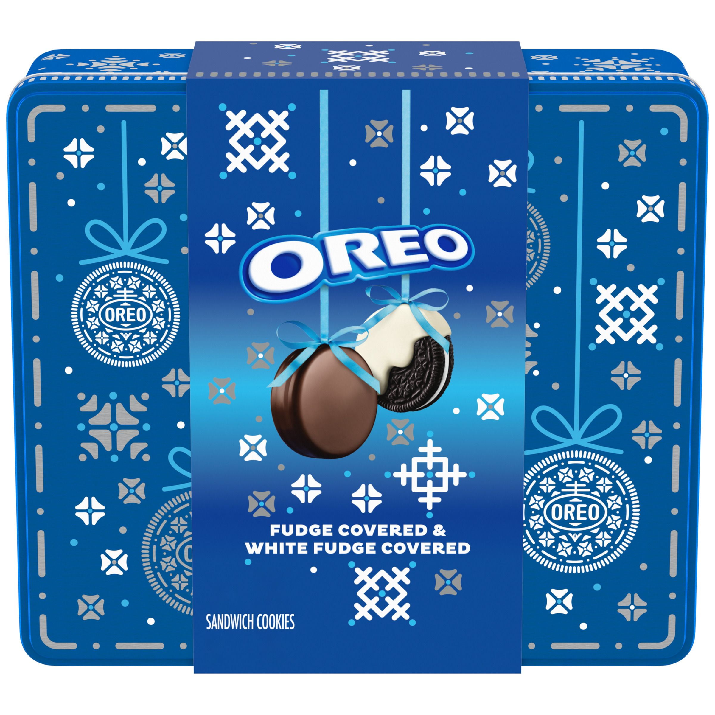 OREO Fudge and White Fudge Covered Chocolate Sandwich Holiday Cookies, Baked, 1.02 lb, Aluminum Box