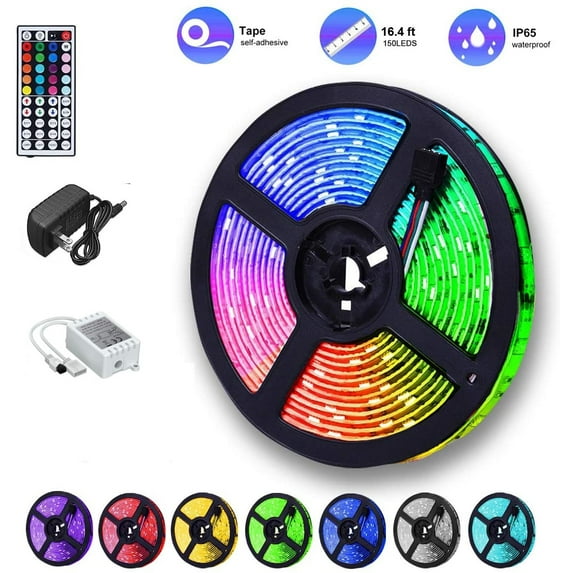 16.4ft 150 LED 5050SMD Waterproof Strip Lights, Multi-Color Changing, Includes 44 Key Remote & 12V Power Supply for Home Lighting, Kitchen Decor