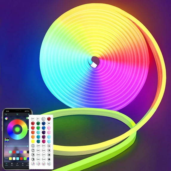 LED Neon Rope Lights - 16.4ft 24V RGB Flexible Strip Lights with Remote and APP Control, IP65 Waterproof for Bedroom and Outdoor Decor