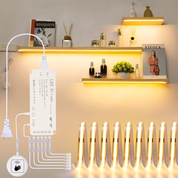 16.4ft 3000K Shelf Sights, Plug-in Cut to Size COB LED Light Strip for 6 Shelves, Hand-Sweep Under Shelf Lighting for Pantry Bookshelf