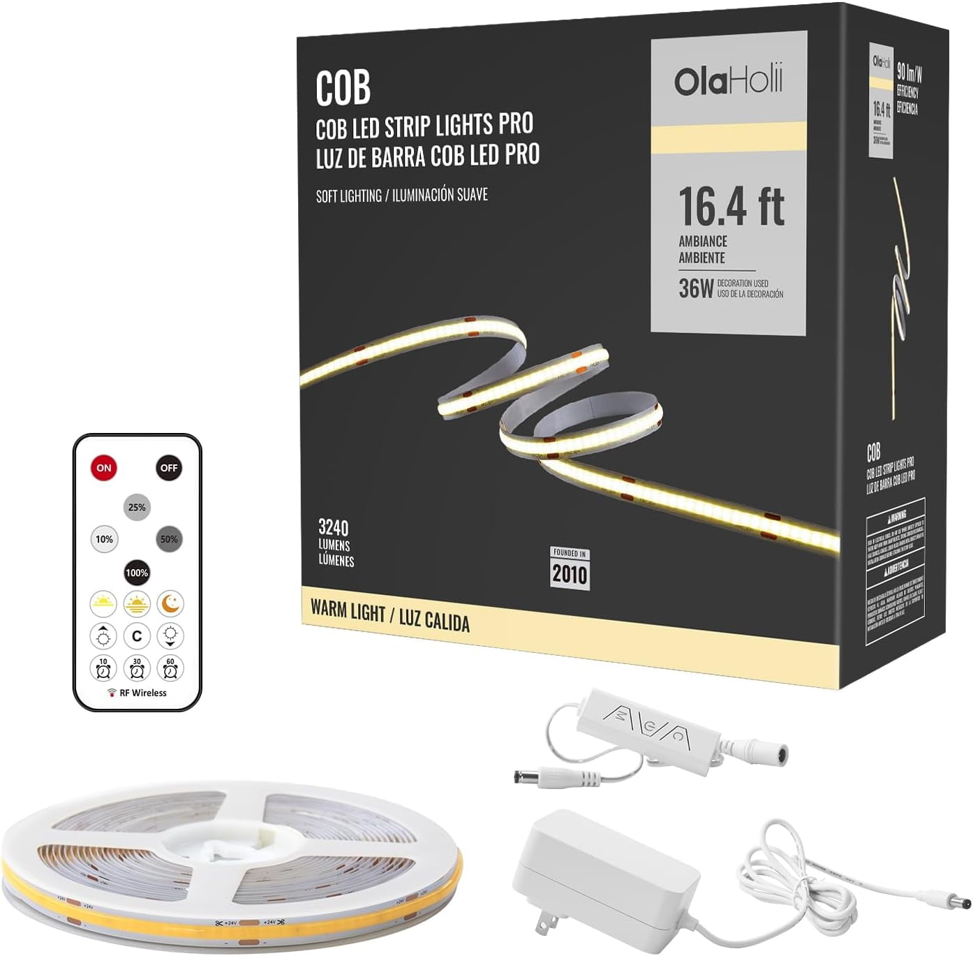 16.4ft COB LED Strip Light with Remote, 3000K Ra93+ Dimmable Bright ...
