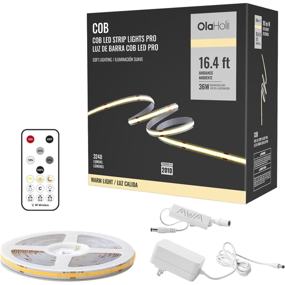 16.4ft COB LED Strip Light with Remote, 3000K Ra93+ Dimmable Bright Warm White Led Light, Continuous for Mirror, Stair, Cabinet, Room