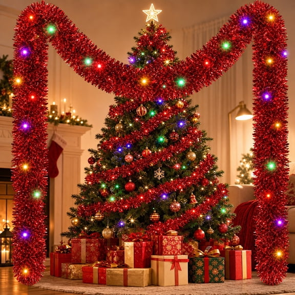16.4ft Christmas Prelit Tinsel Garland with 16.4ft 50 LED Lights Hanging Garland with Light Xmas Foil Garland for Tree Wedding Party Decoration(Warm White, Green)