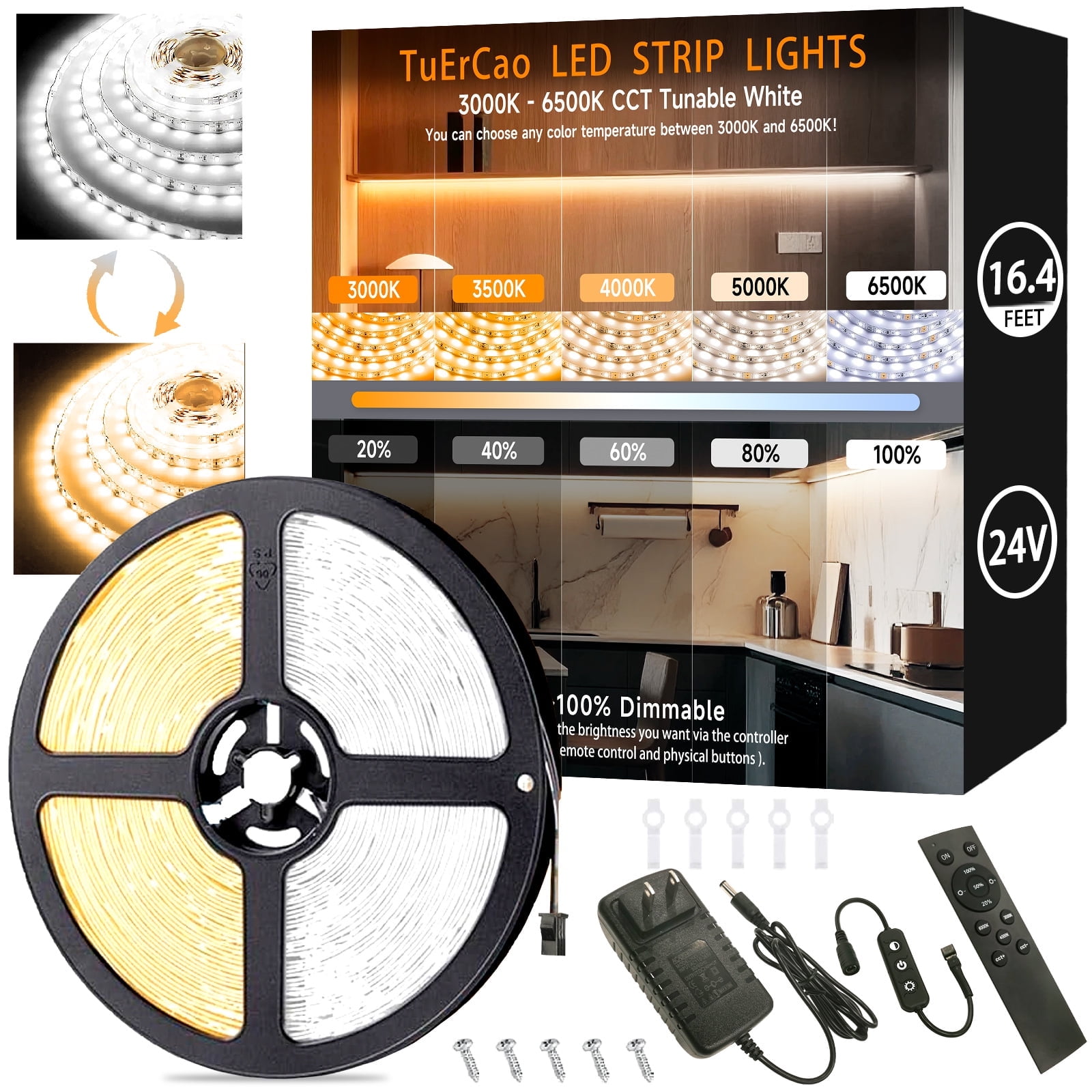 16.4ft Dimmable LED Strip Lights, 24V with Remote Control, 3000K-6500K Adjustable White Light for Bedroom, Kitchen, Cabinet