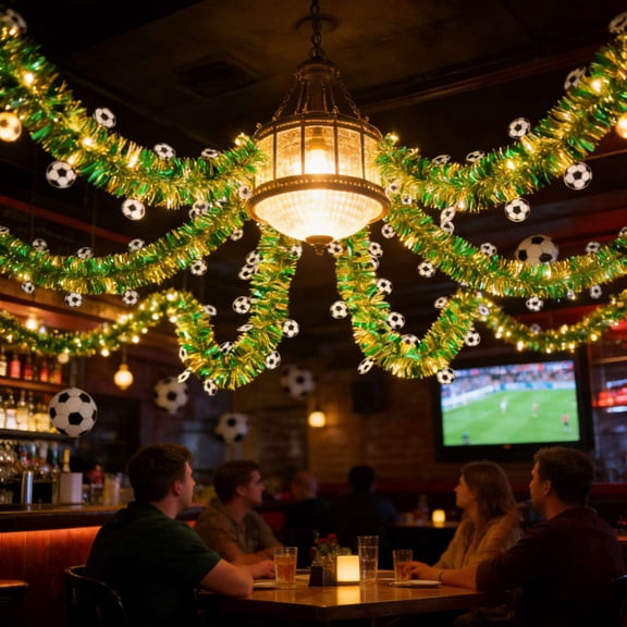 16.4ft LED Soccer Tinsel Garland - Battery Operated Green Foil String Lights with Football Accents - 2026 Stadium Decorations & Fan Cave Decor