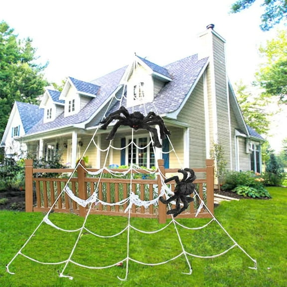 16.4ft Large Halloween Spider Web with 2 Giant Black Hairy Fake Spiders (33" 46") Outdoor Yard Haunted House Party Halloween Decor