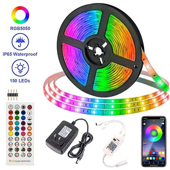 16.4ft RGB Smart LED Strip Lights Kit, Music Sync APP Color Changing Flexible Dimmable SMD 5050 LEDs Tape with 44 Key RF Remote, LED Ribbon for Home Lighting Kitchen Bar