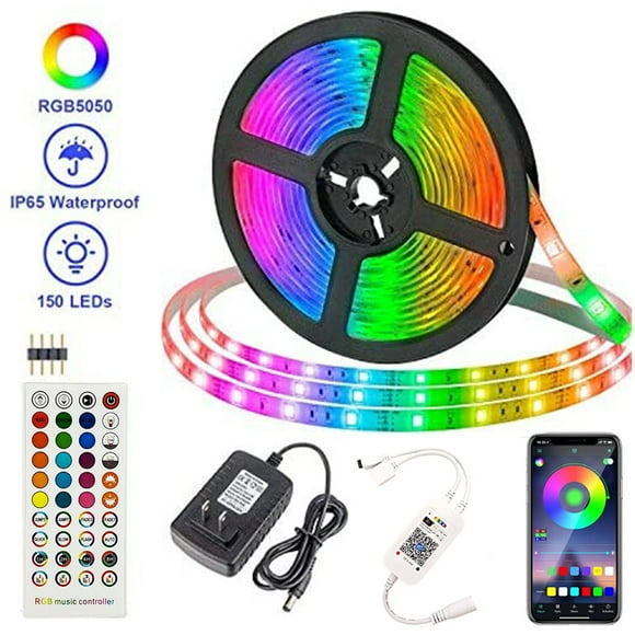 16.4ft RGB Smart LED Strip Lights Kit, Music Sync APP Color Changing Flexible Dimmable SMD 5050 LEDs Tape with 44 Key RF Remote, LED Ribbon for Home Lighting Kitchen Bar