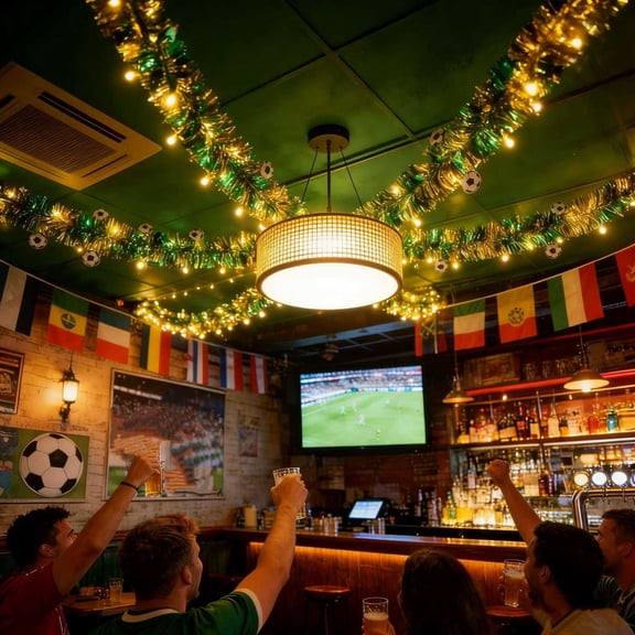 16.4ft Soccer Theme Tinsel Garland with Fairy Lights Battery Operated Green Metallic Festooning Garland for Indoor Outdoor Garden Game Day Party,Sports Bar,Soccer Birthday Decor