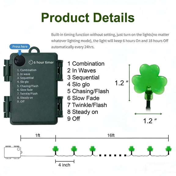 16.4ft St. Patrick's Day Clover String Lights, 50 LED Green Shamrock Fairy Lights with 8 Modes & Timer, Battery or USB Operated, for Indoor Outdoor St. Paddy's Day Party, Patio, Home, Garden Decor